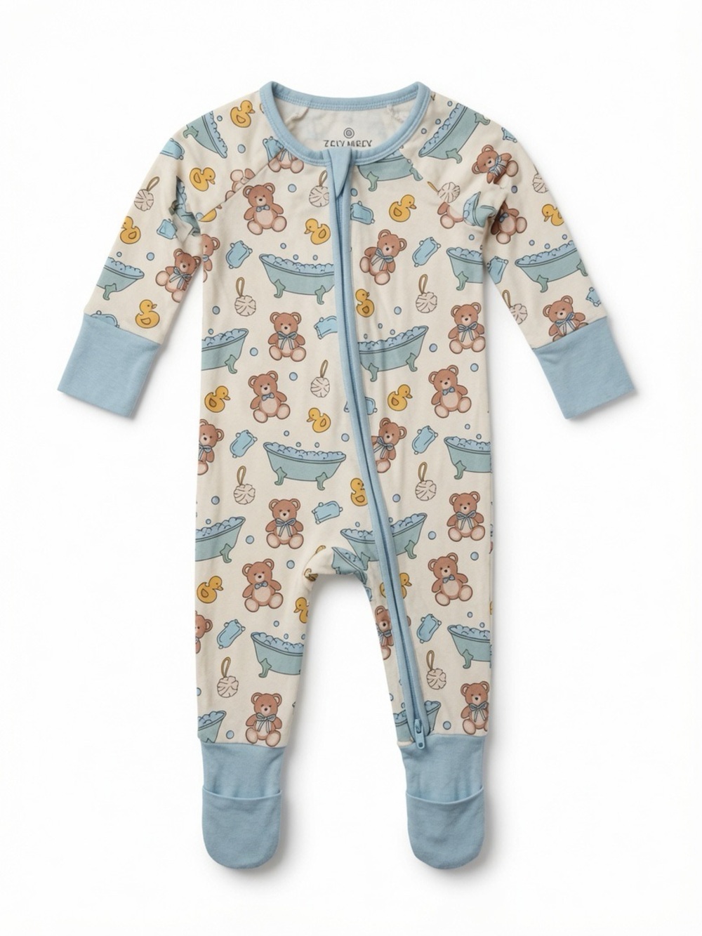 Caden Lane Blue & Cream Teddy Bath Convertible Zip Romper